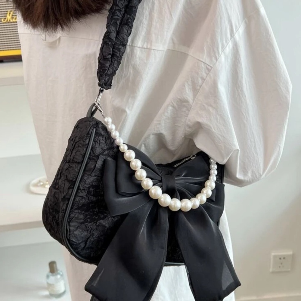 Black lace crossbody bag with pearl top handle & ribbon bow | Coquette Style NWT - Picture 2 of 11
